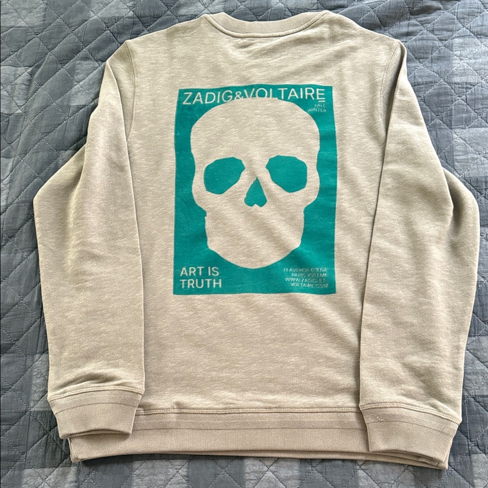 Zadig & Voltaire Gray& Teal Sweatshirt with classic Skull Design on back.